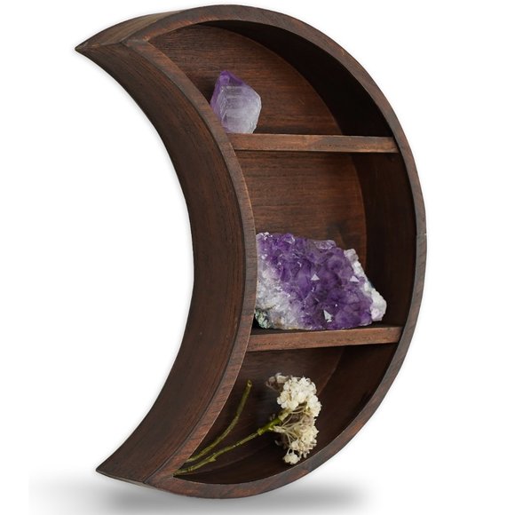 Moon Shelf Crystal Holder - Nursery Shelf Wall Decor - Moon Brown Wood - Picture 7 of 12